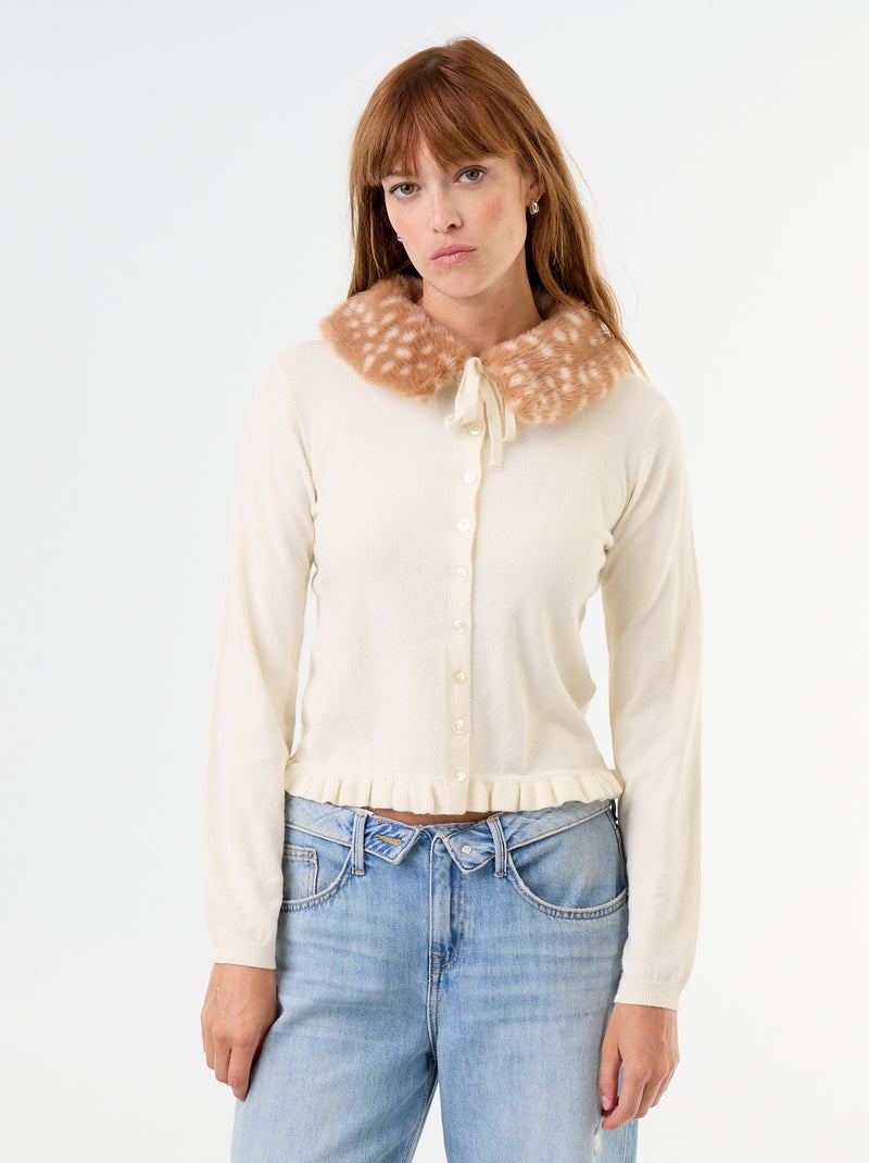 Cárdigan liso con cuello de pelo sintético Beige - Kiabi