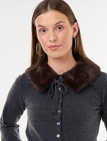 Cárdigan liso con cuello de pelo sintético