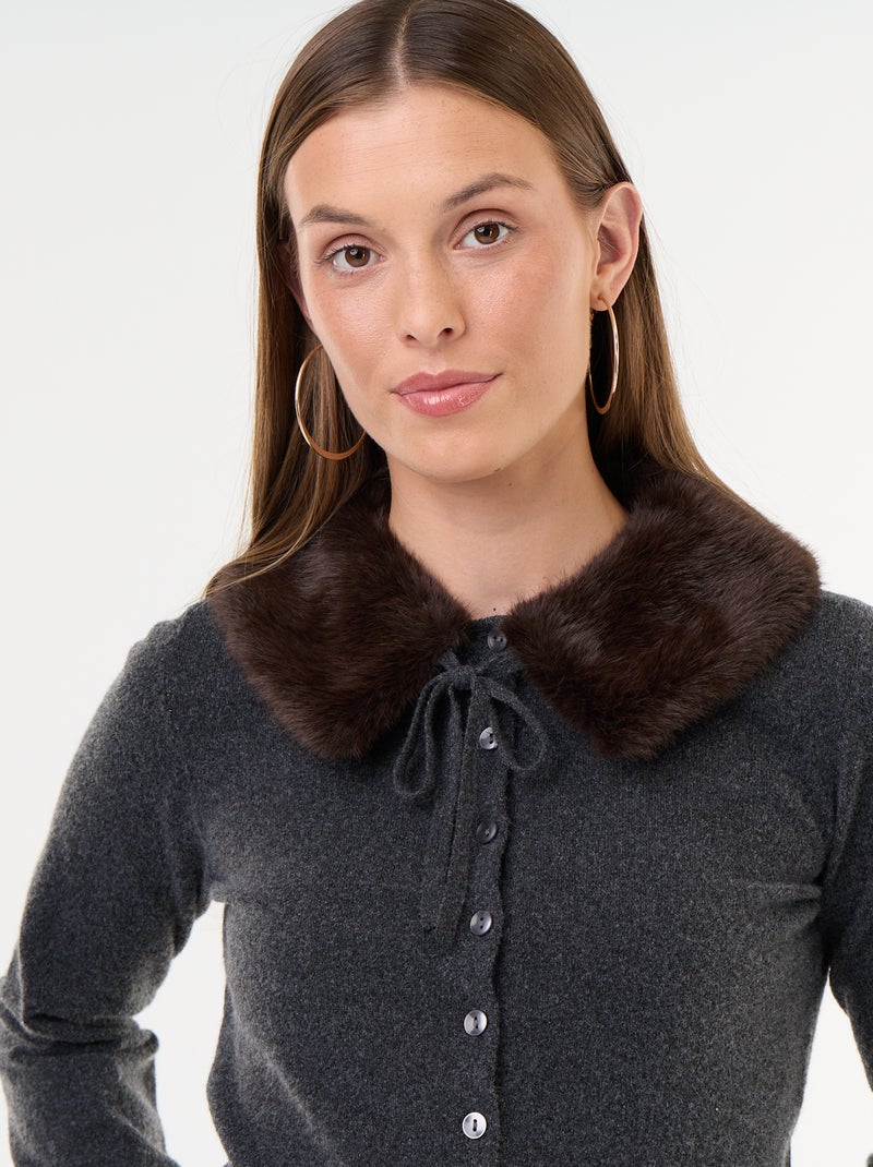 Cárdigan liso con cuello de pelo sintético Gris - Kiabi