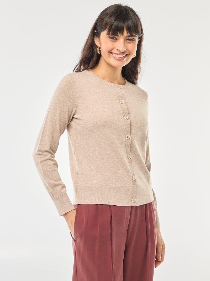 Cárdigan liso cuello redondo Beige - Kiabi