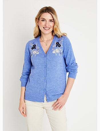 Cárdigan liso suave con cuello de pico, cierre corto de botones y bordado - Afibel