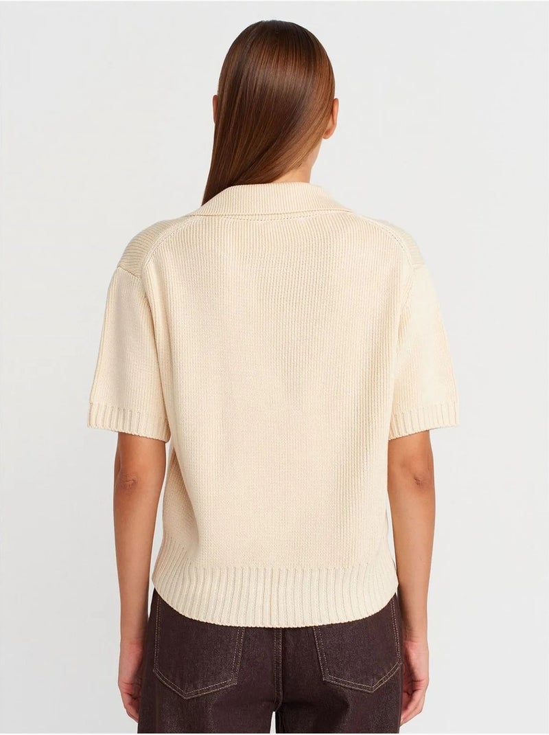 Cárdigan tipo polo de mujer de acrílico acanalado con lazada frontal Crema - Kiabi