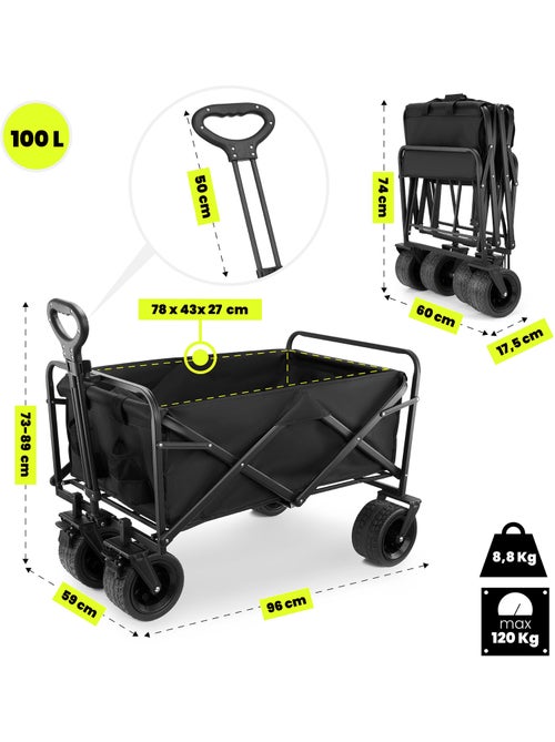 Carro de transporte plegable HyperMotion 100L 120kg acero ruedas todoterreno freno compacto multiuso - Kiabi Carro de transporte plegable HyperMotion 100L 120kg acero ruedas todoterreno freno compacto multiuso - Kiabi