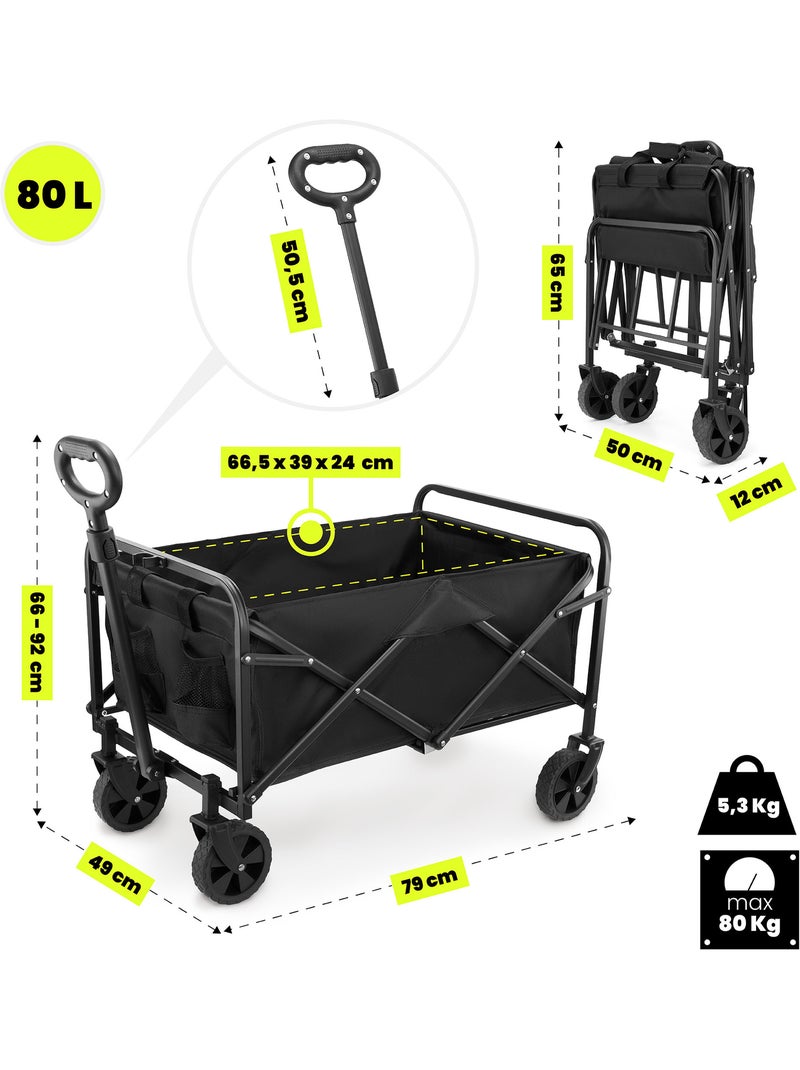Carro de transporte plegable HyperMotion 80L 80 kg acero ruedas todoterreno 7” compacto multiusos Negro Negro - Kiabi