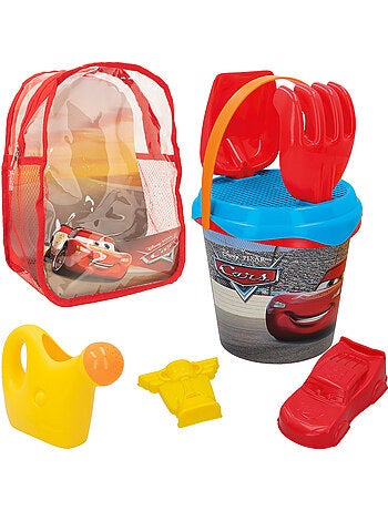 Cars set cubo playa con pala, rastrillo, cedazo, moldes, regadera y mochila transporte