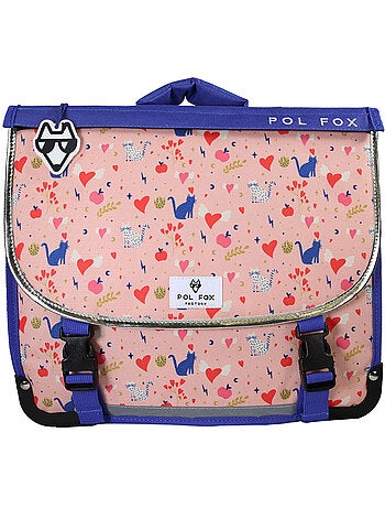 Cartera escolar niña 38 cm reversible 2 compartimentos POL FOX Dream rosa motivo gato y corazón