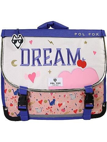 Cartera escolar niña 38 cm reversible 2 compartimentos POL FOX Dream rosa motivo gato y corazón