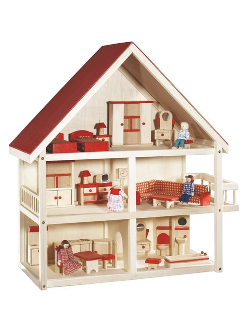 Casa de muñecas en madera + muebles en miniatura y 4 muñecas 'Roba' - Kiabi