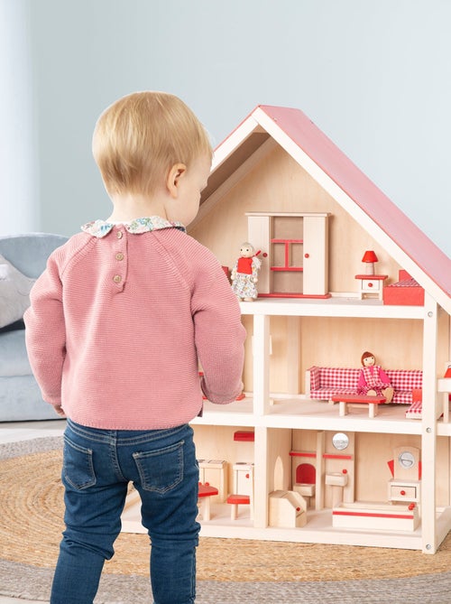 Casa de muñecas en madera + muebles en miniatura y 4 muñecas 'Roba' - Kiabi
