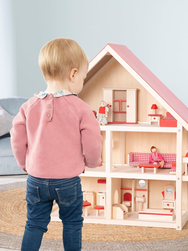 Casa de muñecas en madera + muebles en miniatura y 4 muñecas 'Roba' Rojo - Kiabi