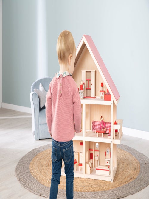 Casa de muñecas en madera + muebles en miniatura y 4 muñecas 'Roba' - Kiabi