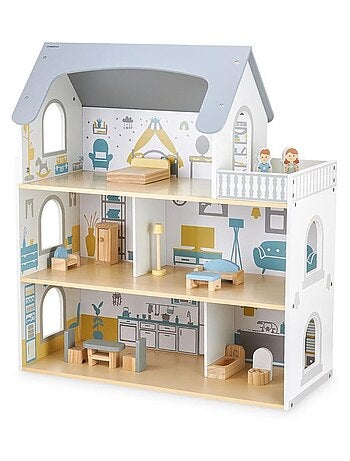Casa de muñecas madera 3 niveles con terraza Mamabrum