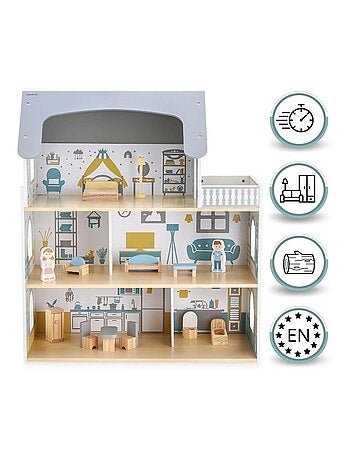 Casa de muñecas madera 3 niveles con terraza Mamabrum