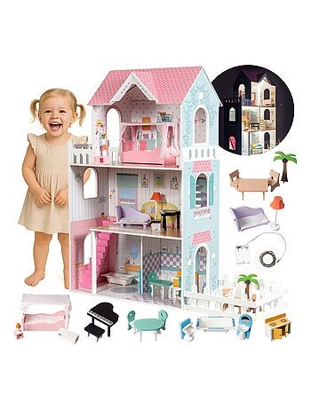 Casa de muñecas Mamabrum A379 de madera 3 niveles con LED y mobiliario completo para niños