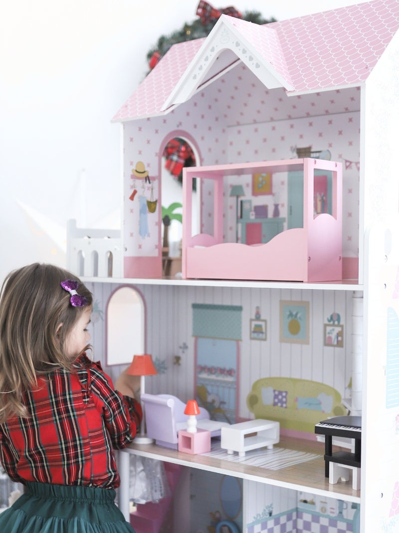 Casa de muñecas Mamabrum A379 de madera 3 niveles con LED y mobiliario completo para niños N/D - Kiabi