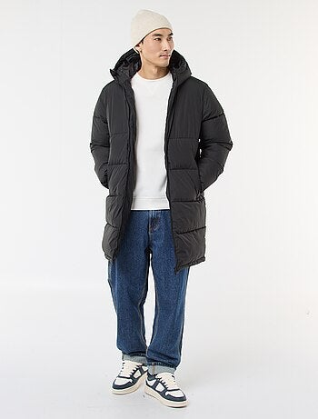 Cazadora acolchada larga con capucha lisa