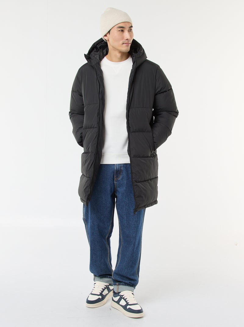 Cazadora acolchada larga con capucha lisa Negro - Kiabi