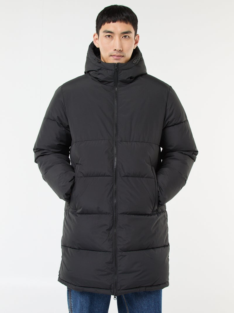 Cazadora acolchada larga con capucha lisa Negro - Kiabi