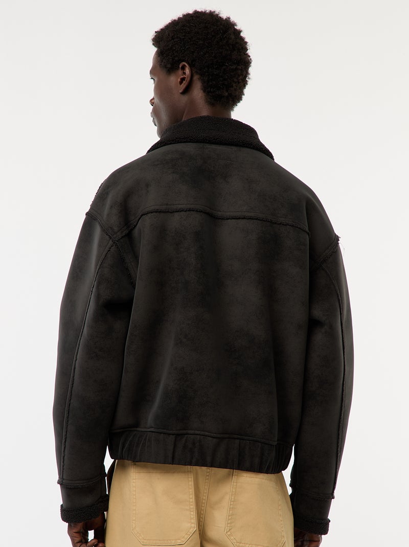 Cazadora aviador efecto piel con cuello efecto borreguito Negro - Kiabi