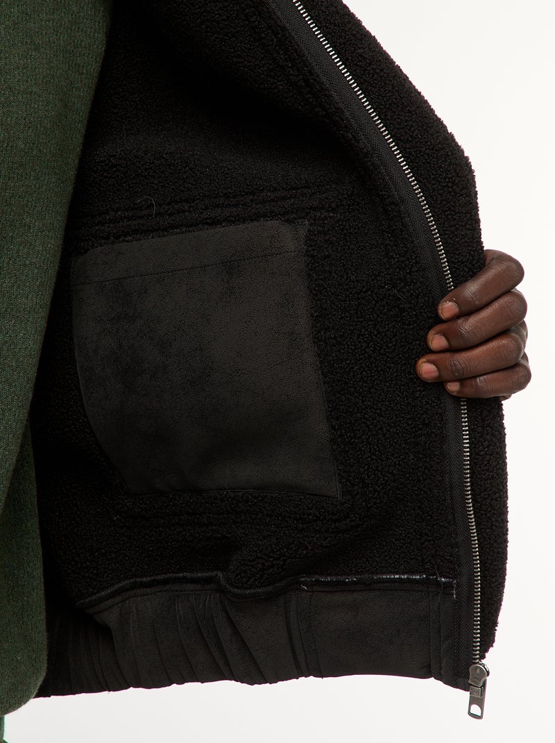 Cazadora aviador efecto piel con cuello efecto borreguito Negro - Kiabi