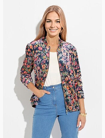 Cazadora bomber floral de terciopelo con cremallera - Afibel