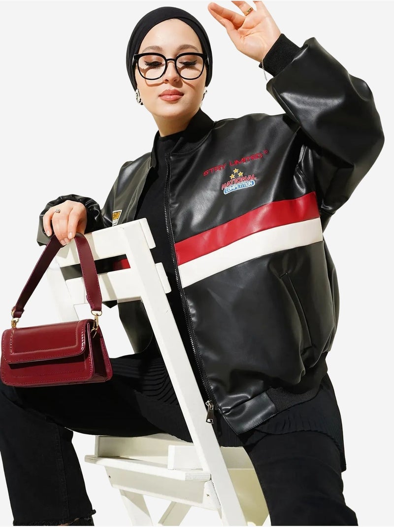 Cazadora bomber oversize de cuero sintético color block bdart Negro - Kiabi