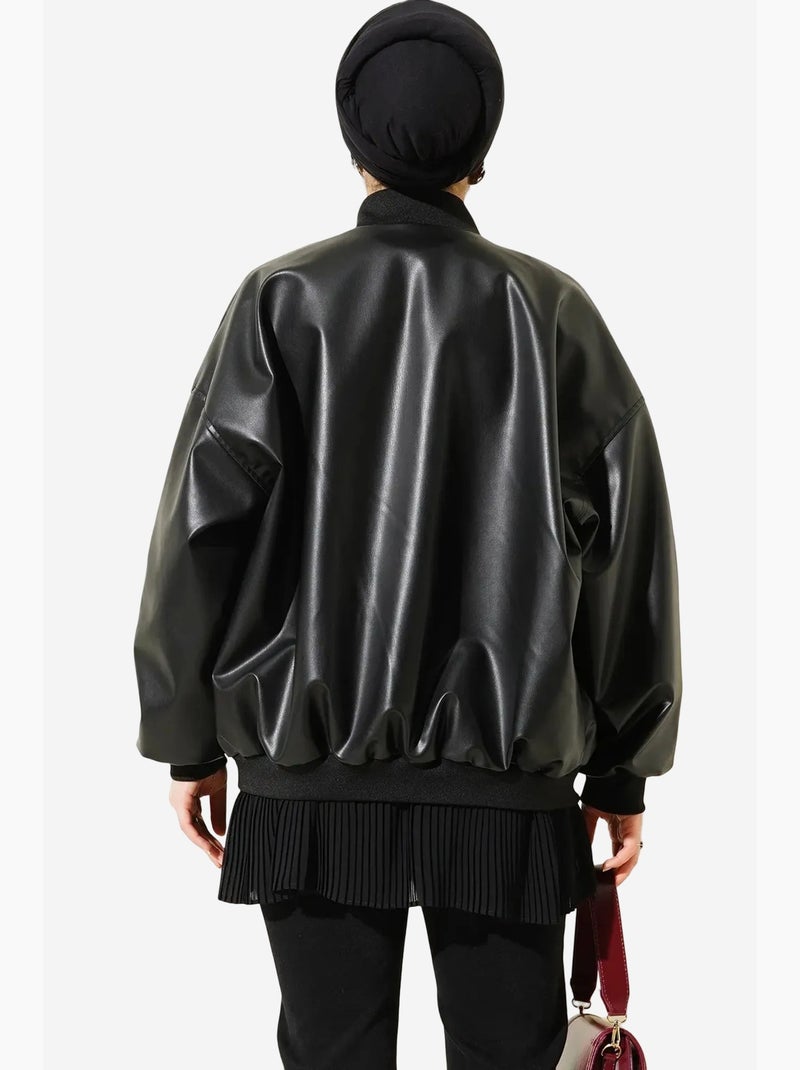 Cazadora bomber oversize de cuero sintético color block bdart Negro - Kiabi