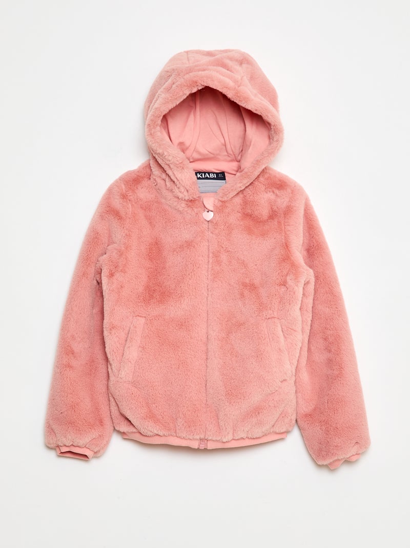 Cazadora con cremallera y capucha de imitación de piel Rosa - Kiabi