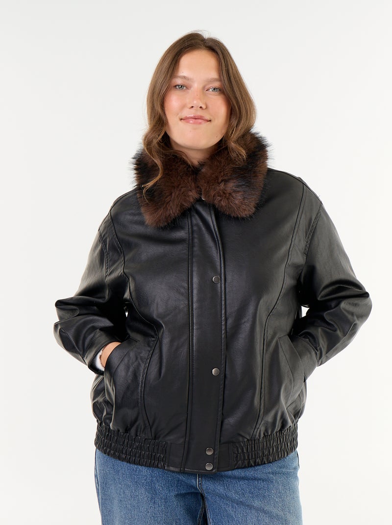 Cazadora oversize de polipiel con cuello de pelo sintético desmontable Negro - Kiabi