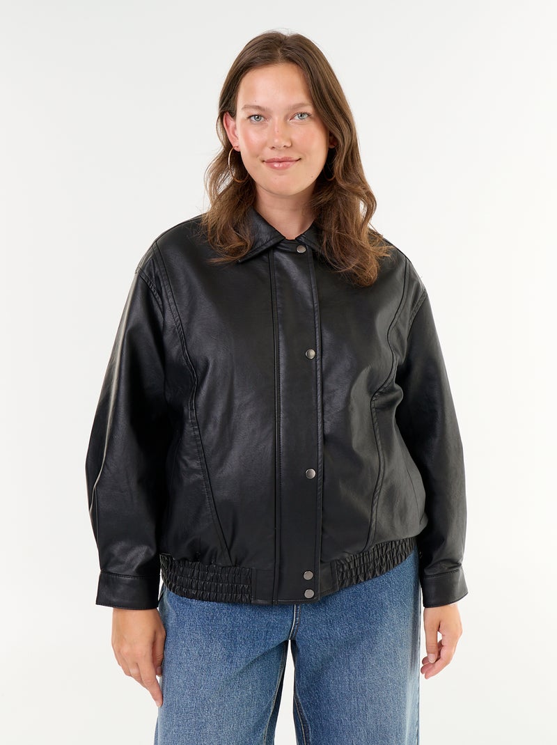 Cazadora oversize de polipiel con cuello de pelo sintético desmontable Negro - Kiabi