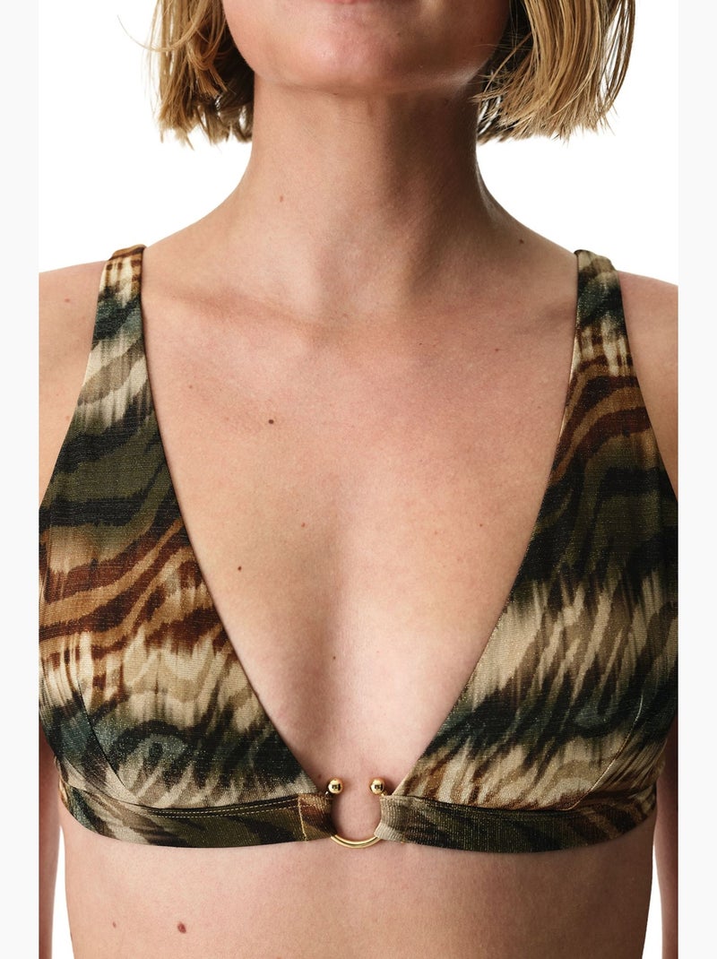 Cesira top de bikini con escote en v profundo, estampado de cebra y hilo brillante penti Caqui - Kiabi