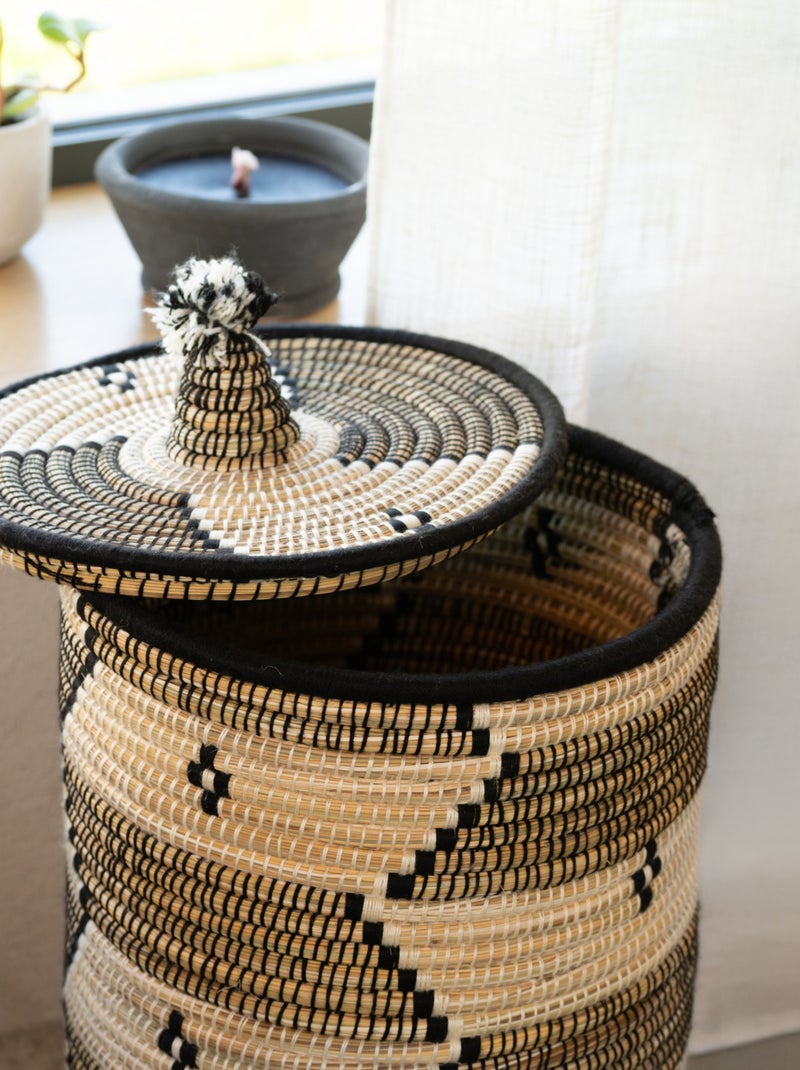 Cesto para la ropa con motivos étnicos en fibras naturales Negro - Kiabi