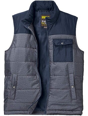 Chaleco acolchado bicolor de poliéster reciclado, sin mangas, cuello alto y capucha