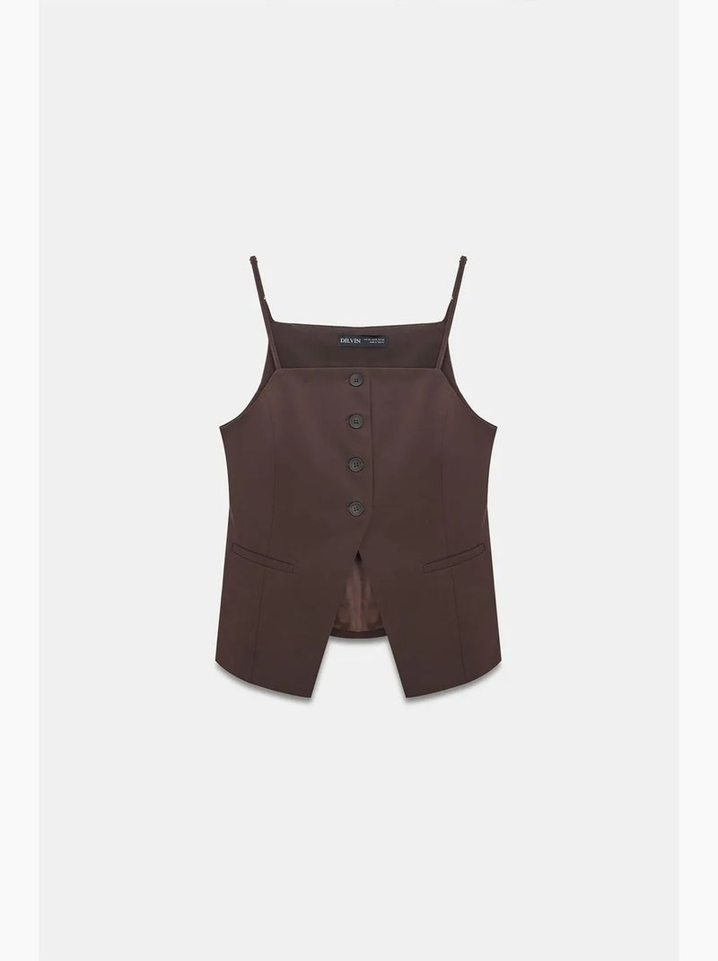 Chaleco de crepé entallado con cuello cuadrado dilvin Marrón chocolate - Kiabi