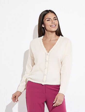 Chaleco de jersey con cuello en V, abotonado, calado y macramé - Afibel