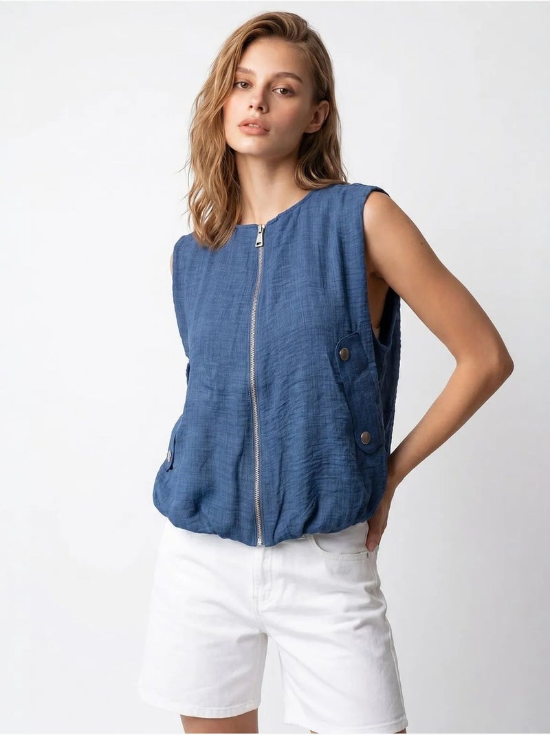 Chaleco de popelina tejida para mujer con cremallera frontal mixray Azul noche - Kiabi