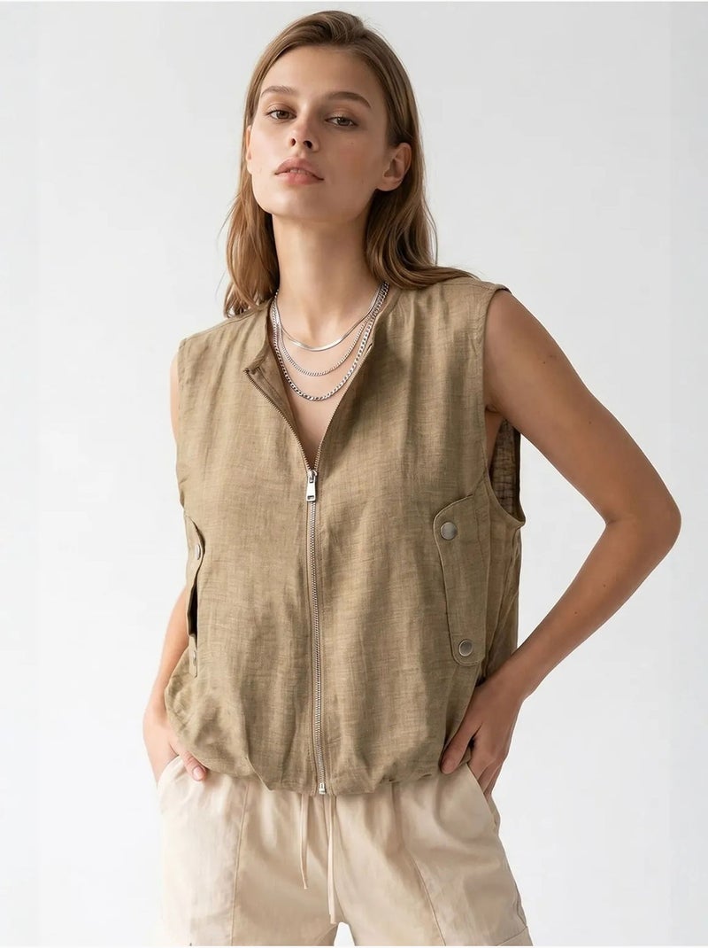 Chaleco de popelina tejida para mujer con cremallera frontal mixray Caqui - Kiabi
