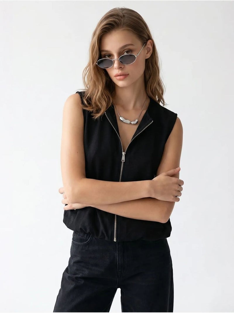 Chaleco de popelina tejida para mujer con cremallera frontal mixray Negro - Kiabi