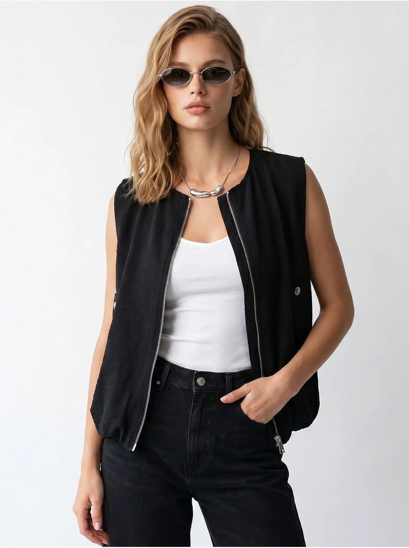 Chaleco de popelina tejida para mujer con cremallera frontal mixray Negro - Kiabi