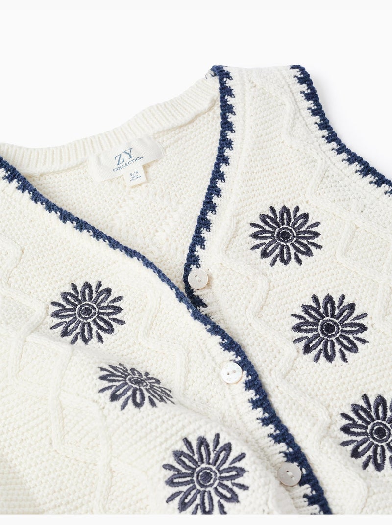 Chaleco de punto de algodón con flores bordadas Beige claro - Kiabi