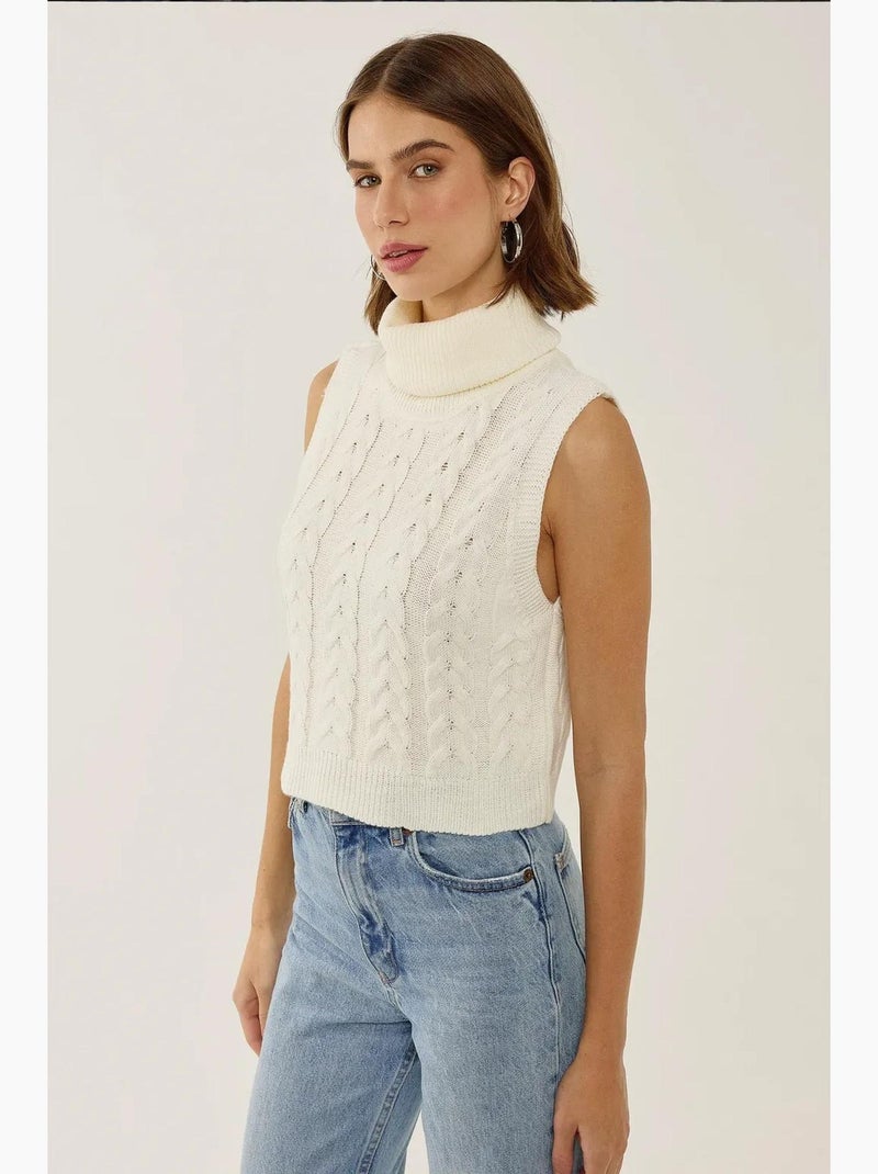 Chaleco de punto de cuello alto con patrón de trenza de pelo hiccup Blanco - Kiabi