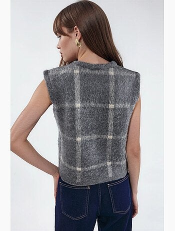 Chaleco de punto de cuello redondo a cuadros con botones hiccup