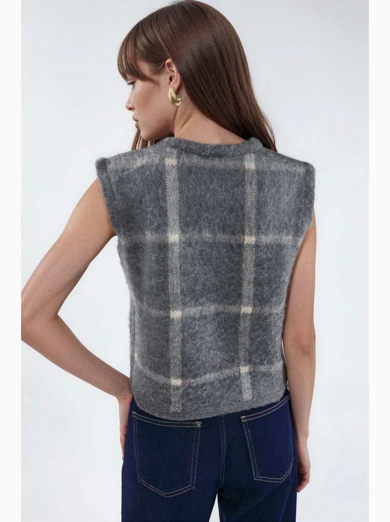 Chaleco de punto de cuello redondo a cuadros con botones hiccup Gris negro - Kiabi