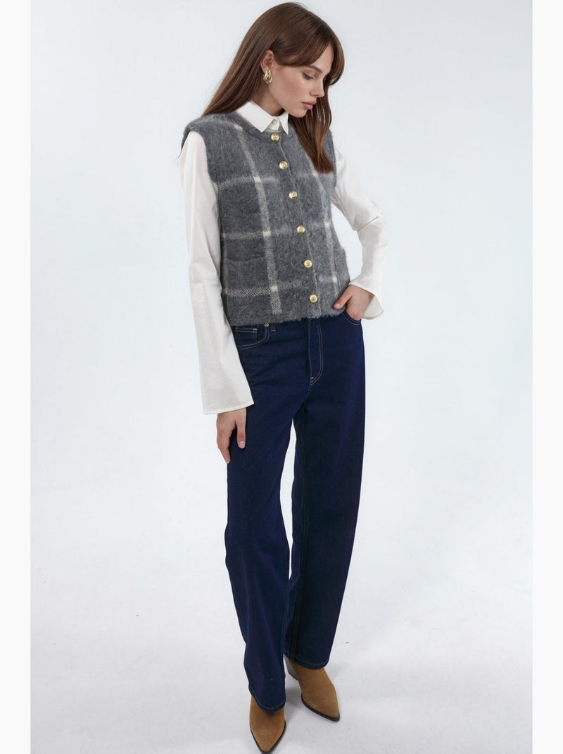 Chaleco de punto de cuello redondo a cuadros con botones hiccup Gris negro - Kiabi