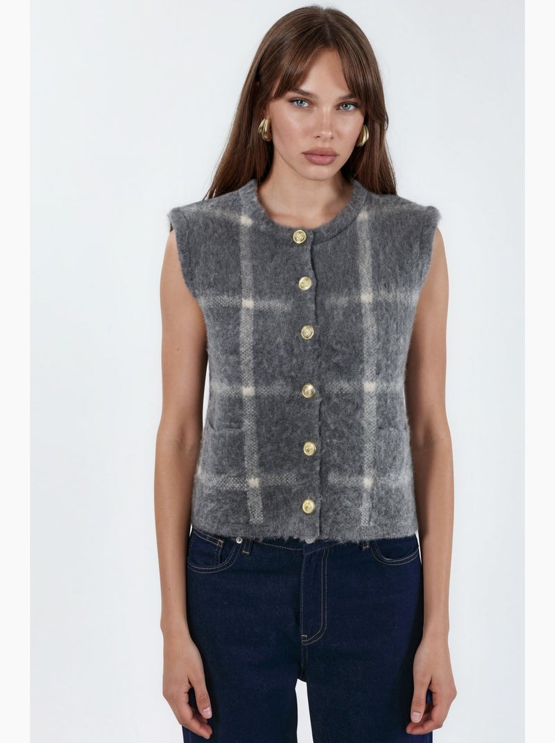 Chaleco de punto de cuello redondo a cuadros con botones hiccup Gris negro - Kiabi