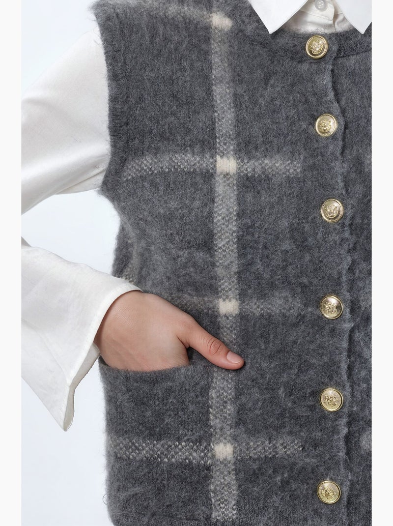 Chaleco de punto de cuello redondo a cuadros con botones hiccup Gris negro - Kiabi