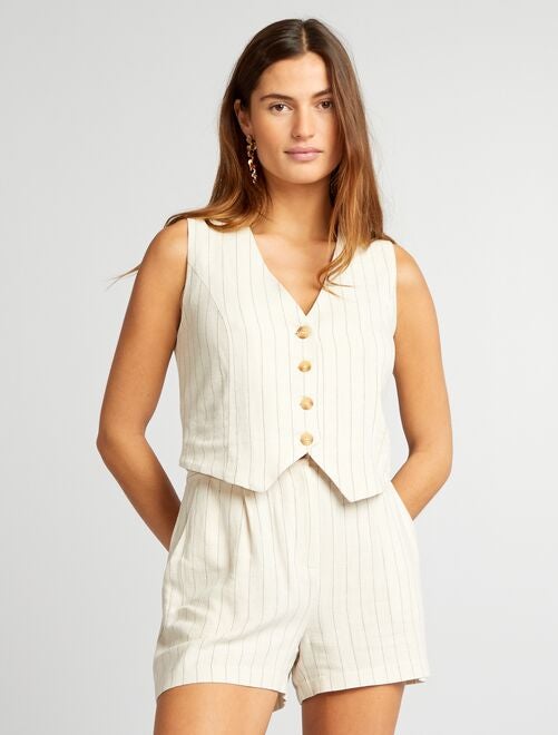 Conjunto de dos piezas de lino y algodón para mujer, blusa elegante con  cuello en V y pantalones largos con botones, traje liso de manga larga