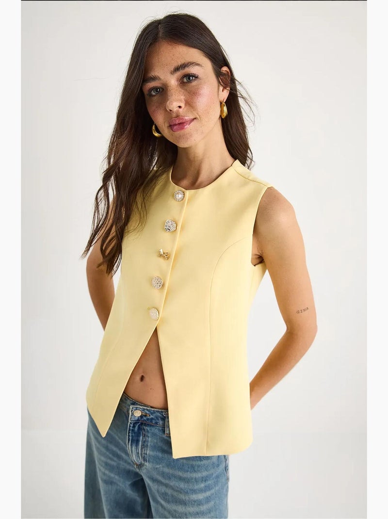 Chaleco entallado sin mangas con botones delanteros y cuello redondo lucci Amarillo limón - Kiabi
