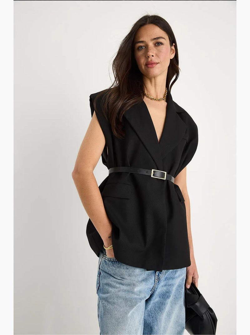 Chaleco largo con cuello chal y cinturón lucci Negro - Kiabi