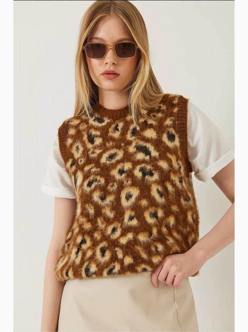 Chaleco tipo suéter con estampado de leopardo cepillado lucci Camel - Kiabi